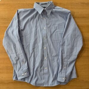 Lands End Mens Blue Stripe Button Down Shirt Traditional Size L No Iron Oxford
